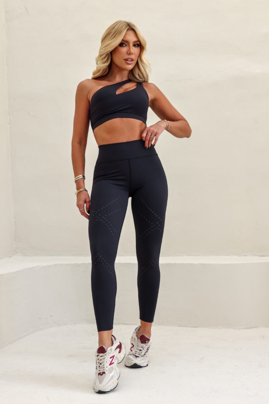 Conjunto Nina Air top un hombro + calza Negro