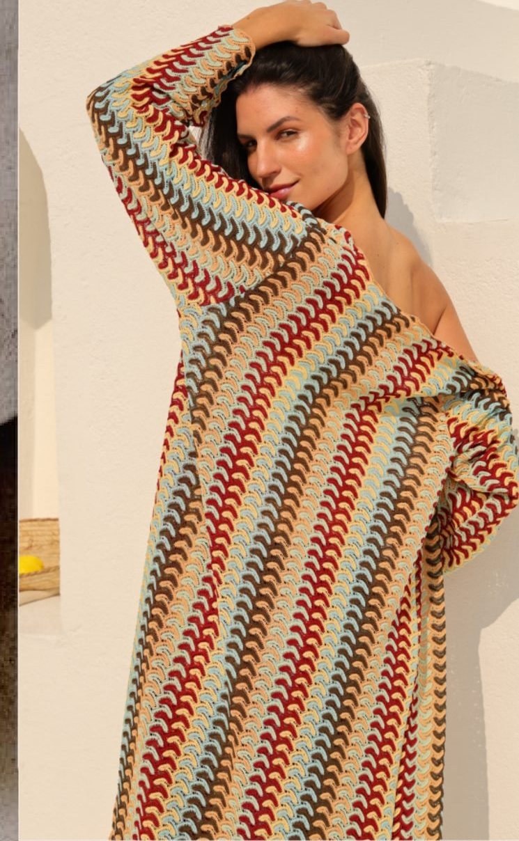 Kimono largo tejido Rayas tejidas multicolor (terracota, verde, crema)
